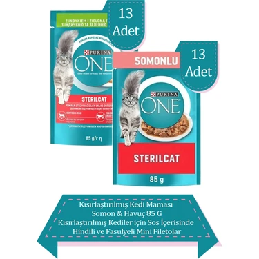 Purına One Sterilcat Yaş Kısırlaştırılmış Kedi Maması 26'lı Karma Paket (Somon 13X85G, Hindi