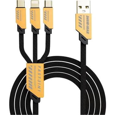 Fibaks Type-C 3in1 240 Watt 1.2 Metre Halat Örgü Kırılmaz Uç Hızlı Şarj ve 480MBS Data Kablosu