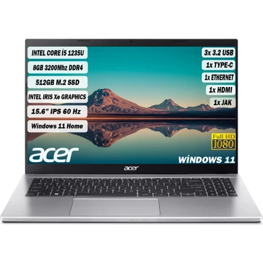 Acer Aspire 3 I5-1235U 8 GB 512 GB SSD 15,6 " FHD IPS W11 Gümüş Notebook