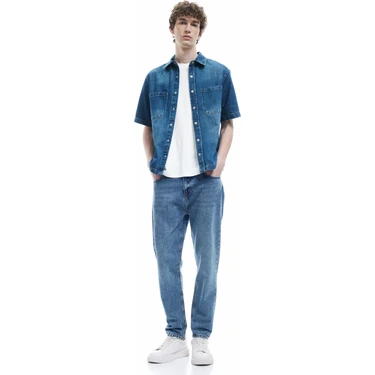 Koton Pamuklu Cepli Kısa Kollu Oversize Denim Gömlek