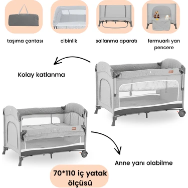 Gulz Omega Anne Yanı Sallanır Cibinlikli Oyun Parkı Park Yatak Bebek Beşik 70X110
