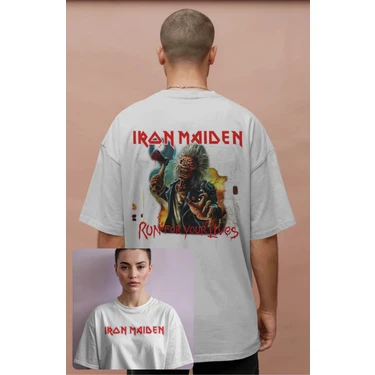 Oversize Iron Maiden Sırt Baskılı Tişört, Unisex Run For Fiyatı