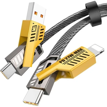 4in1 Pd 65 Watt Type-C/27 Watt iPhone Halat Örgü Kırılmaz Uç 1 Metre Hızlı Şarj ve Data