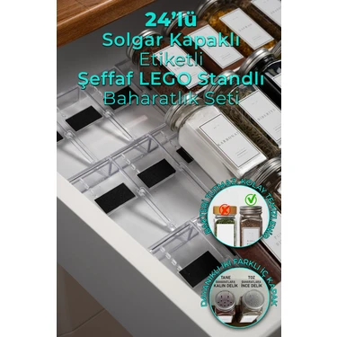 Mienda Home 24'lü Şeffaf Lego Standlı Cam Baharatlık Seti Kapaklı Etiketli Baharatlık