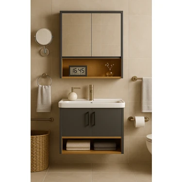Dmz Home Concept Legna 80 cm Antrasit & Ahşap Banyo Dolabı Takımı Alt ve Üst Dolaplı (Lavabo