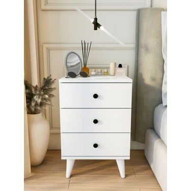 Montenero Komodin Sade Beyaz 3 Çekmeceli Yüksek Ayaklı Parlak Yatak Odası Komodini 45x65 Cm