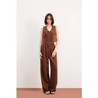 DeFacto Wide Leg Fermuarlı Normal Bel Standart Boy Geniş Paça Keten Karışımlı Palazzo Pantolon