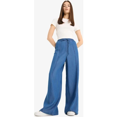 DeFacto Pull On Wide Leg Yüksek Bel Uzun Akışkan Kumaş Yıkamalı Pantolon