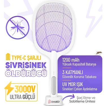 Şarjlı Elektrikli Uv Işıklı Sivrisinek Öldürücü Raket Sinek Kovucu Sineksavar Işıklı Raket