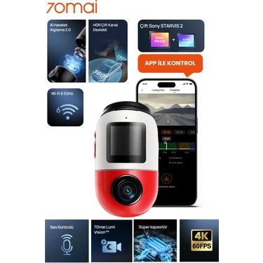 70MAI Geliştirilmiş Dash Cam Omni X800 Ultra Hd 4K Çözünürlük, 360° Dönebilen Araç Kamerası, 4K Ön