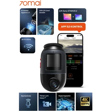 70MAI Geliştirilmiş Dash Cam Omni X800 Ultra Hd 4K Çözünürlük, 360° Dönebilen Araç Kamerası, Çift