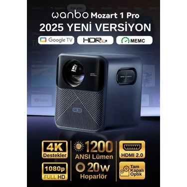 Wanbo Mozart 1 Pro Akıllı Projeksiyon Cihazı – 1200 ANSI, Google TV, HDR, MEMC, Lisanslı | 2025