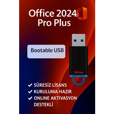 Microsoft Office 2024 Pro Plus Lisans Anahtarı + 64 GB Bootable Flash Bellek – Sınırsız Lisans ve
