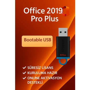 Microsoft Office 2019 Pro Plus Lisans Key + 64 GB Bootable Flash Bellek – Süresiz Lisans, Hızlı