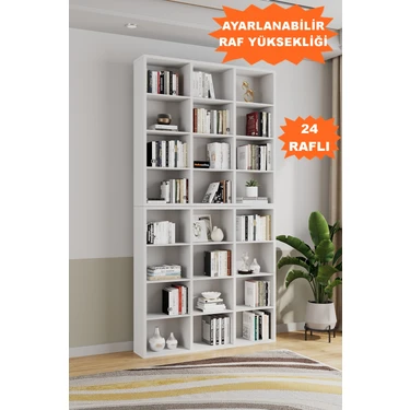AE-1079 Imre Beyaz 24 Raflı Kitaplık Kütüphane Ayarlanabilir Raf Geniş Çocuk