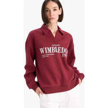 DeFacto Relax Fit Polo Yaka Baskılı Kalın Sweatshirt