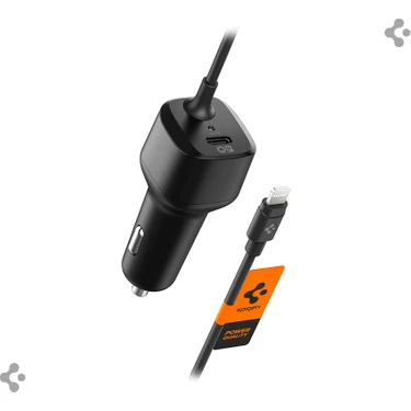 Spigen 47W USB-C 2 Port Araç içi Hızlı Şarj Aleti + Lightning Şarj Kablosu Güç Adaptörü Çakmaklık