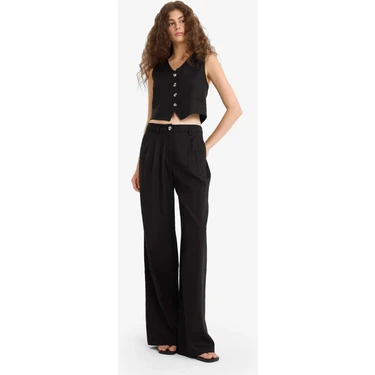 DeFacto Wide Leg Çift Cepli Yüksek Bel Standart Boy Keten Karışımlı Pantolon
