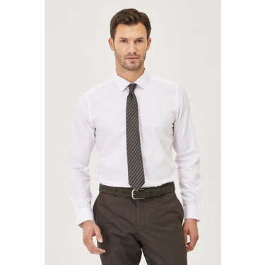 Ütü Gerektirmeyen Taılored Slim Fit Dar Kesim Klasik Yaka %100 Pamuk Armürlü Non-Iron
