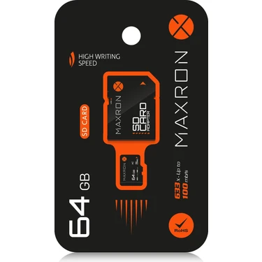 Maxron 64 GB Hafıza Kartı UHS-I Sınıf 10 Hızlı Veri Aktarımı 100 Mb/s Adaptör