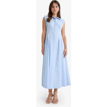 DeFacto %100 Pamuk Flare Fit Poplin Kolsuz Midi Elbise