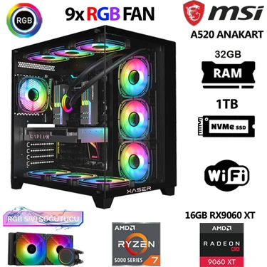 Xaser Lexus X740 Ryzen 7 5700X 32GB Ram 1tb M.2 Nvme SSD 16GB RX9060 Xt Sıvı Soğutmalı Masaüstü