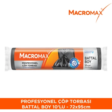 Macromax Profesyonel Çöp Torbası Battal Boy (72x95 cm) 10 Adet, Ultra Dayanıklı Kalın Siyah Sanayi