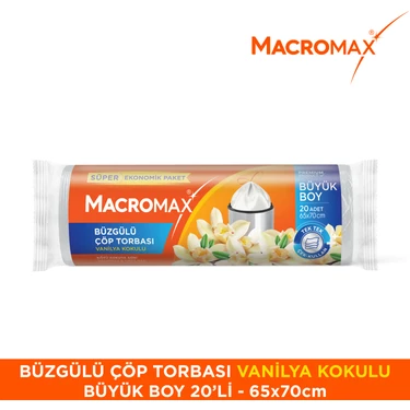 Macromax Büzgülü Çöp Torbası Büyük Boy (65x70cm) Vanilya Kokulu 20 Adet Süper Ekonomik