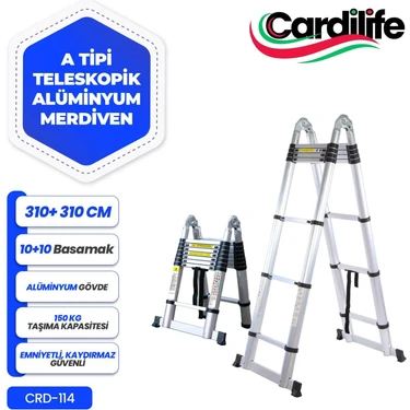 310 cm +310 cm -10+10 Basamaklı Alümınyum Teleskopik Merdiven - A Tipi Uzayan