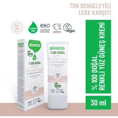 Siveno %100 Doğal Yüz Güneş Kremi Renkli Ton Eşitleyici Leke Karşıtı SPF 50+ UVA