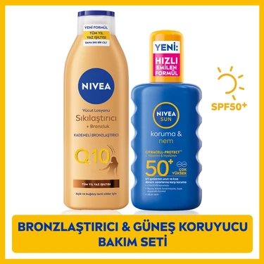 NIVEA SUN SPF50 Yüksek Güneş Koruyucu Vücut Spreyi 200ml ve Q10 Bronzluk Losyonu 250ml Etkili