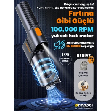Wrapsol Oto Araç Süpürgesi Katlanabilir Vakumlu Üflemeli Şarjlı Çok Fonksiyonlu Ev Araba Kamp max