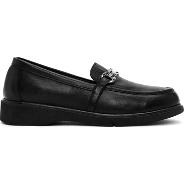 Kadın Siyah Tokalı Deri Comfort Loafer