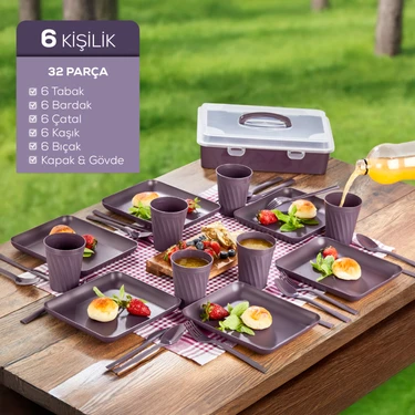 32 Parça 6 Kişilik Taşınabilir Piknik Seti - Saklama Kutulu