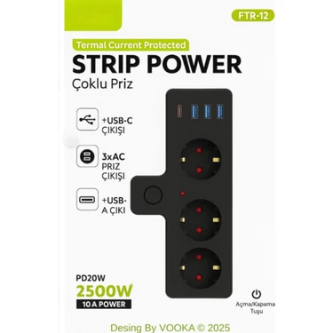 Akıllı Priz Termal Korumalı 3 Prizli Çoklu Akım Prizi | 3 Usb-A + 1 Usb-C 2500W 10A Pd