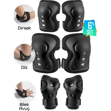 6'lı Yüksek Koruma 3-12 Yaş Paten Scooter Bisiklet Kaykay Diz Dirsek El Koruma Koruyucu Seti