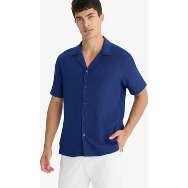 DeFacto Modern Fit Polo Yaka Dokulu Penye Kısa Kollu Gömlek
