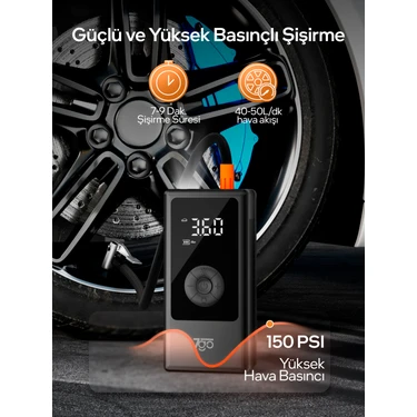 7go 7A3 Hava Pompası & Powerbank | 150 Psı Ultra Basınç, LED Işıklı, LCD Ekranlı, 4000MAH