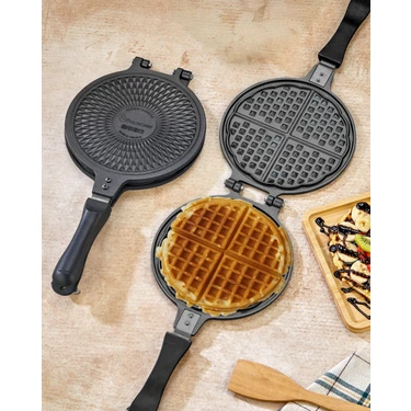 Polochef Döküm Granit Waffle Tavası 1000 W Yuvarlak Yüzey Şekli ile Pratik
