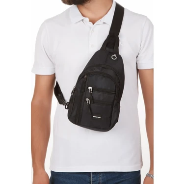 Erkek Kumaş  USB Kulaklık Çıkışlı Bodybag Göğüs ve Omuz Çantası NEW172 - Siyah -