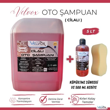 Velvox Cilalı Oto Şampuanı Oto Köpüğü 5L + 500 ml Hediye ve Köpürtme Süngeri | PH Nötr Konsantre