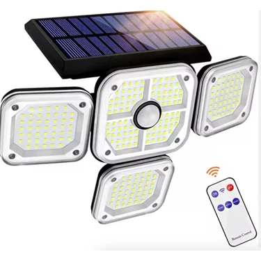 Solar Güneş Enerjili 198 Ledli 4 Kafa Uzaktan Kumandalı Hareket Sensörlü Bahçe Aydınlatma Sokak