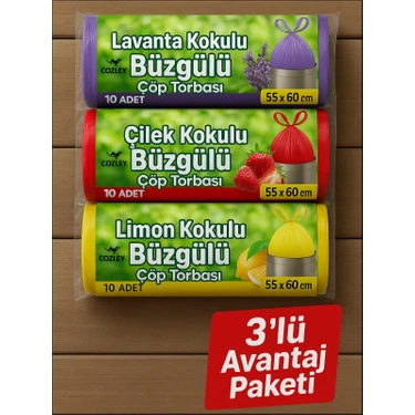 30 Adet Avantaj Paket Orta Boy Kokulu Büzgülü Çöp Poşetleri Lavanta Limon Çilek Kokulu Çöp