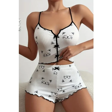 Merry See Yavru Kedi Baskılı Askılı Şortlu  Pijama