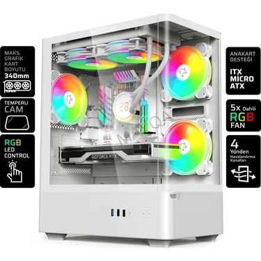 Gametech Intense Beyaz 600W 80P Tuş Kontrol Rgb 5X120MM Fan Özel Tak Çıkar Vidasız Kapaklar MATX