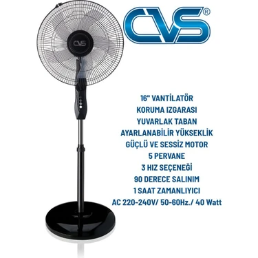 CVS 16 İnç Ayaklı Vantilatör 40 W Güçlü Hava Akışı ile Siyah Modern