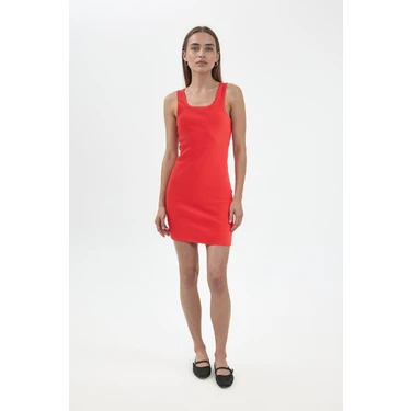 DeFacto Coool Bodycon Vücudu Saran Basic Fitilli Kaşkorse Mini Kırmızı Elbise