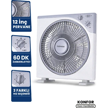 Goldmaster Konfor 12 inç Kare Vantilatör 50W 3 Hız Seçeneği ile Enerji