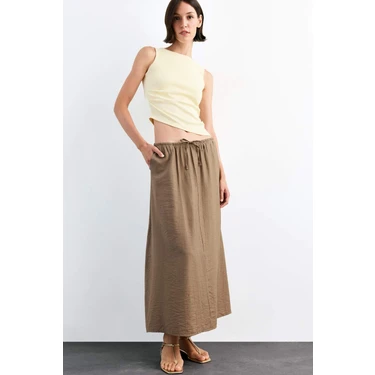 DeFacto Relax Fit Beli Lastikli Krinkıl Kumaş Midi Etek