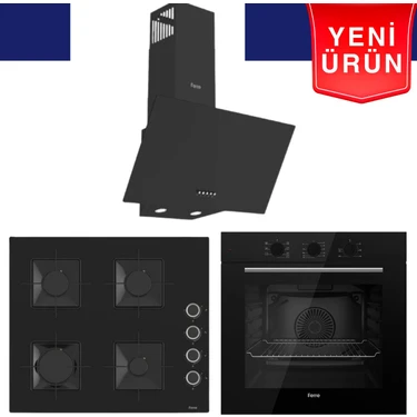 Ferre Yeni Seri Flowart  Siyah  Cam Ankastre Set (QBL62CS + SS205 + D086